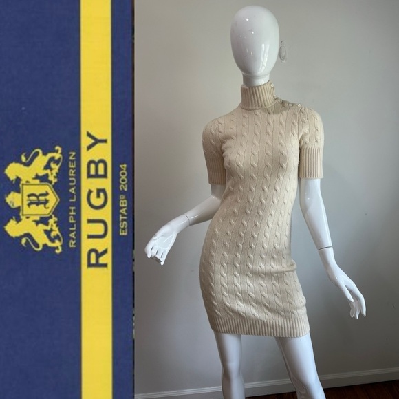 RL RUGBY Cashmere Wool Blend Cable Knit Short Sleeve Turtleneck Sweater Dress